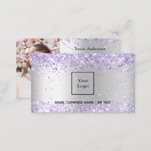 Silver purple glitter photo QR code beauty salon Business Card