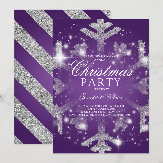 Silver Purple Glitter Snowflake Xmas Holiday Party Invitation (Front/Back)