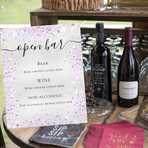 Silver purple glitter sparkles bar budget menu flyer