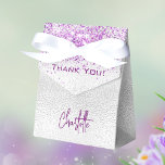 Silver purple glitter sparkles name thank you favor boxes<br><div class="desc">An elegant and glamorous birthday or milestone event.  Faux silver looking background with purple faux glitter,  sparkles. With the text: Thank You!  Personalize and add your name.  The name is written with a trendy hand lettered style script.</div>