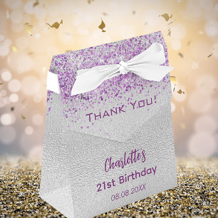 Silver purple glitter sparkles name thank you favor boxes