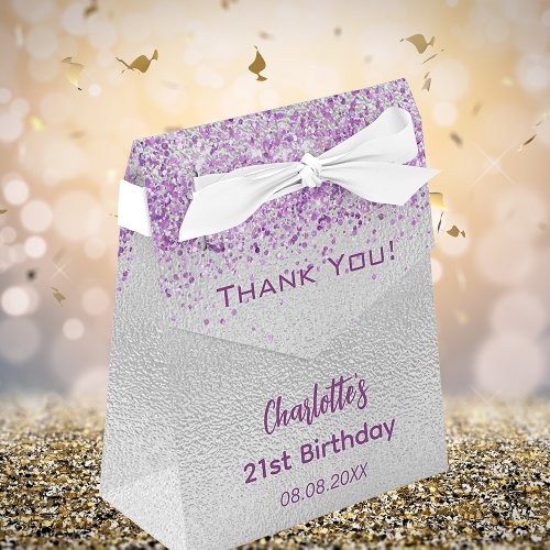 Silver purple glitter sparkles name thank you favor boxes
