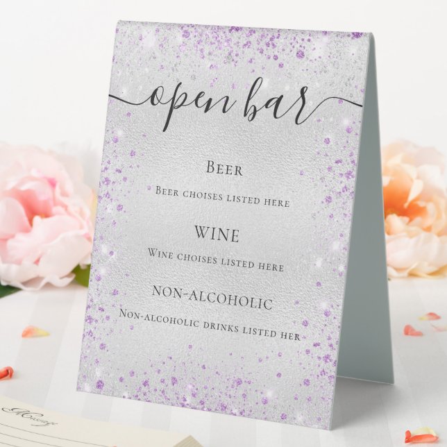 Silver purple glitter sparkles script bar menu table tent (In SItu (Wedding))