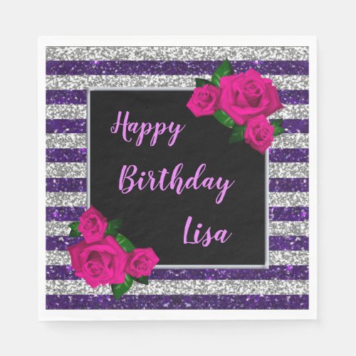 Silver Purple Glitter Stripes Pink Roses Birthday Napkins