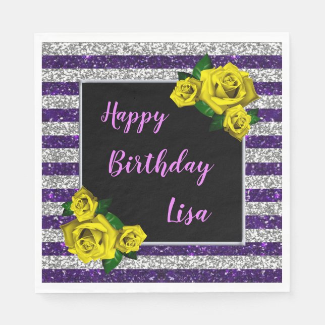 Silver Purple Glitter Stripes Yellow Rose Birthday Napkins (Front)