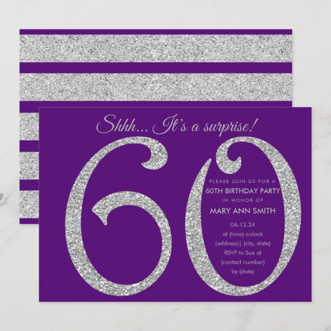 Silver Purple Glitter Surprise 60th Birthday Party Invitation (Front/Back)