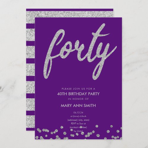 Silver Purple Glitter Type 40th Birthday Party Invitation