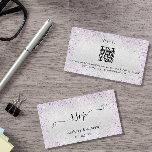 Silver purple glitter wedding website RSVP QR code Enclosure Card