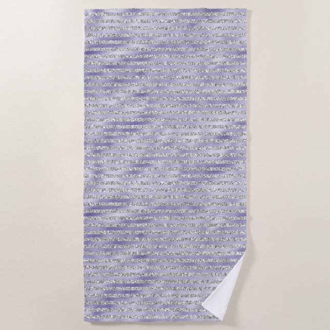 Silver Purple Glitzy Glitter Stripes Beach Towel (Front)