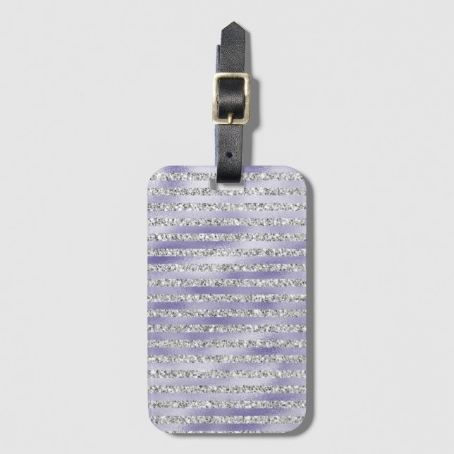 Silver Purple Glitzy Glitter Stripes Luggage Tag (Front Vertical)