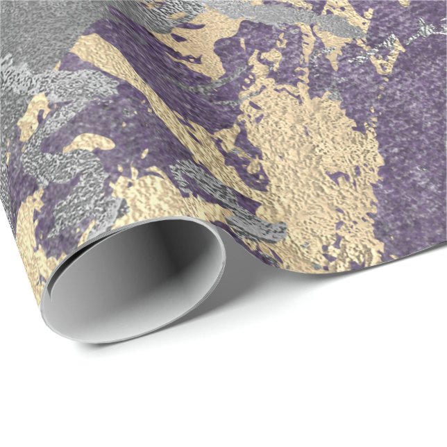 Silver Purple Gold Marble Shiny Metallic Grungy Wrapping Paper (Roll Corner)