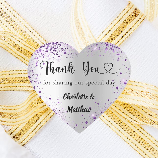 Silver purple heart thank you wedding sticker (Creator Uploaded)