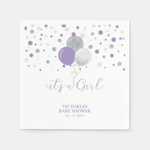 Silver  Purple Its a Girl Baby Shower Napkins
