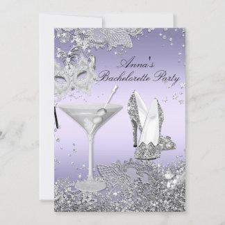 Silver Purple Mask & Jewel Lace Bachelorette Party Invitation