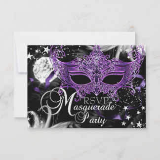 Silver Purple Mask Star Night Masquerade RSVP Card