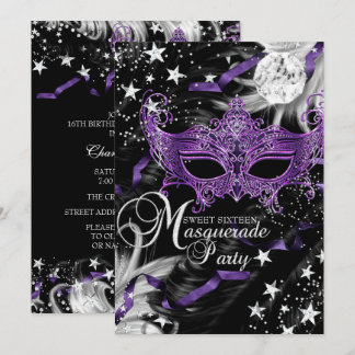 Silver Purple Mask Star Night Masquerade Sweet 16 Invitation