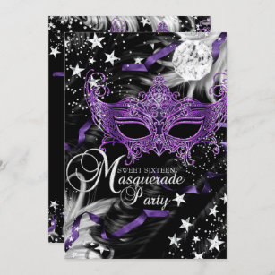 Silver Purple Mask Star Night Masquerade Sweet 16 Invitation