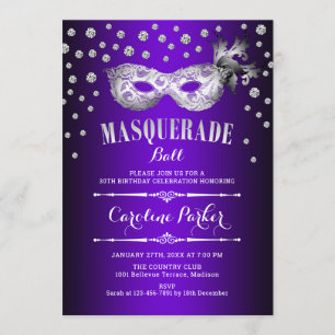 Silver Purple Masquerade Ball Birthday Party Invitation