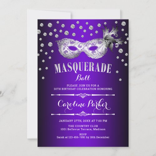 Silver Purple Masquerade Ball Birthday Party Invitation