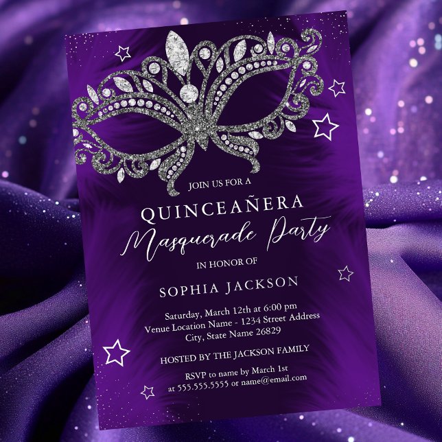 Silver Purple Masquerade Mask Star Quinceanera Foil Invitation (Creator Uploaded)