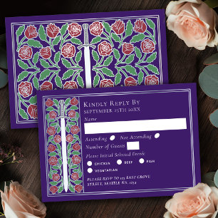 Silver Purple Medieval Floral Sword Wedding RSVP Card