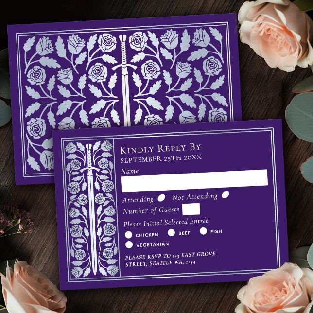 Silver Purple Medieval Sword Wedding RSVP Card (Creator Uploaded)
