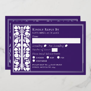 Silver Purple Medieval Sword Wedding RSVP Foil Invitation