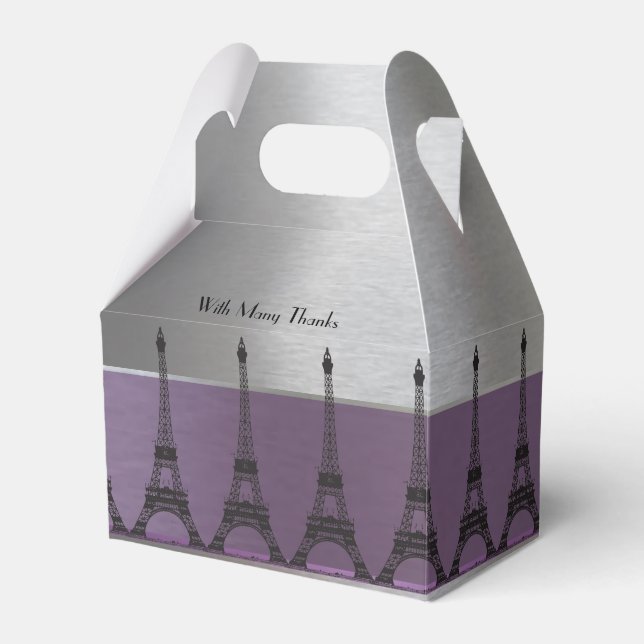 Silver Purple Metallic Paris Eiffel Personalized Favor Boxes (Front Side)