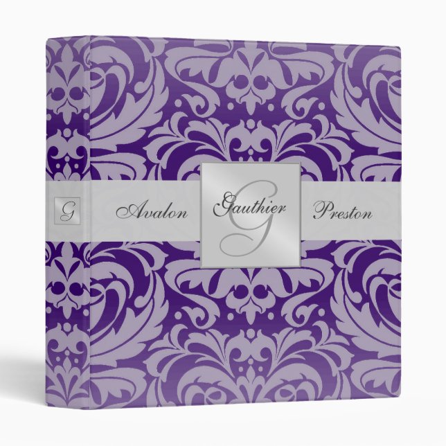 Silver & Purple Monogram Damask Wedding Binder (Front/Spine)
