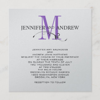 Silver Purple Monogram Wedding Invitations Swirl