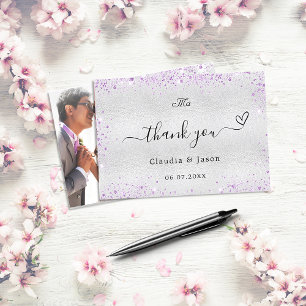 Silver purple photo elegant wedding thank you card