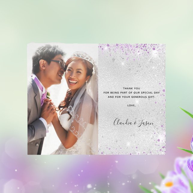 Silver purple photo wedding thank you card (Creator Uploaded)