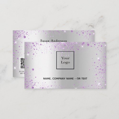 Silver purple QR code glitter dust female Business Card