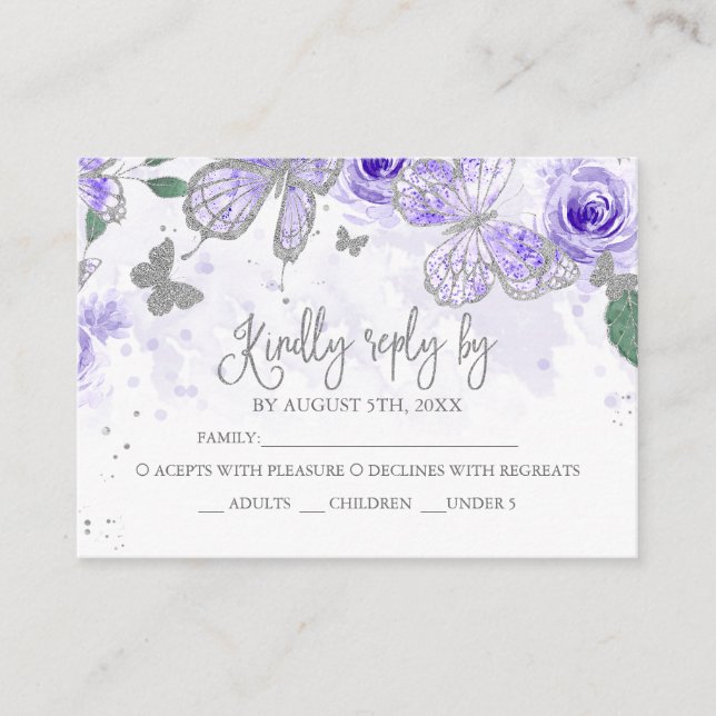 Silver Purple Quinceanera Butterfly Budget RSVP Enclosure Card (Front)
