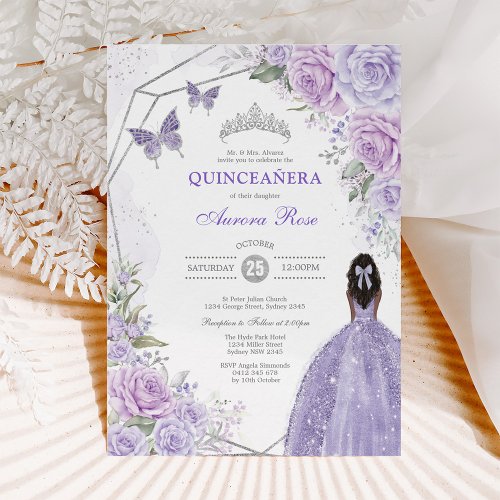 Silver Purple Quinceaera Butterfly Princess Party Invitation