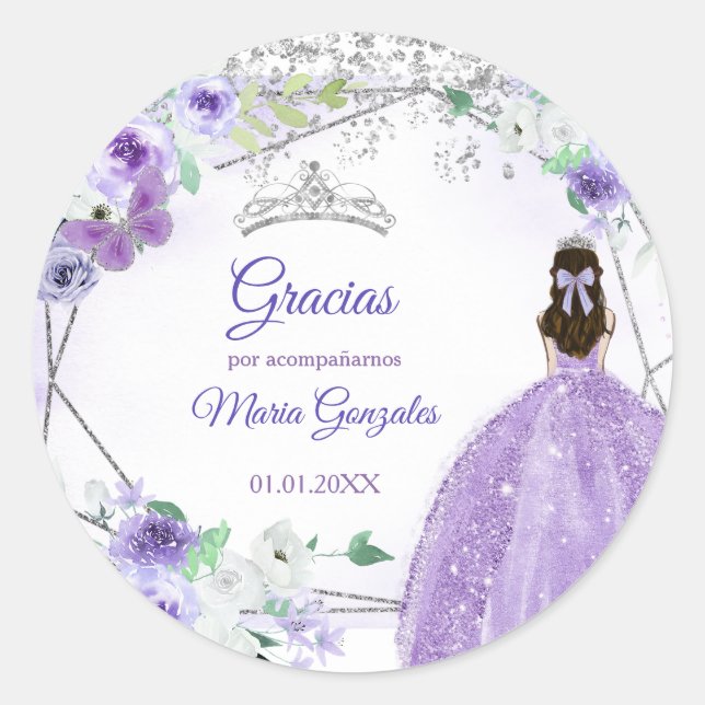 Silver Purple Quinceañera Favor Thank You Gift  Classic Round Sticker (Front)
