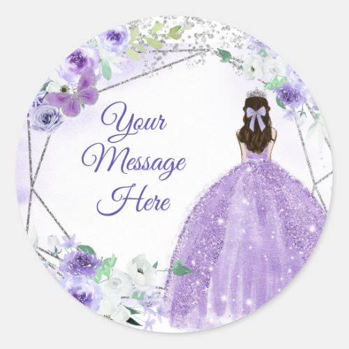 Silver Purple Quinceaera Your Message Here Classic Round Sticker