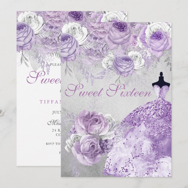 Silver Purple Rose Glitter Gown Sweet 16 Invite (Front/Back)