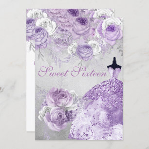 Silver Purple Rose Glitter Gown Sweet 16 Invite
