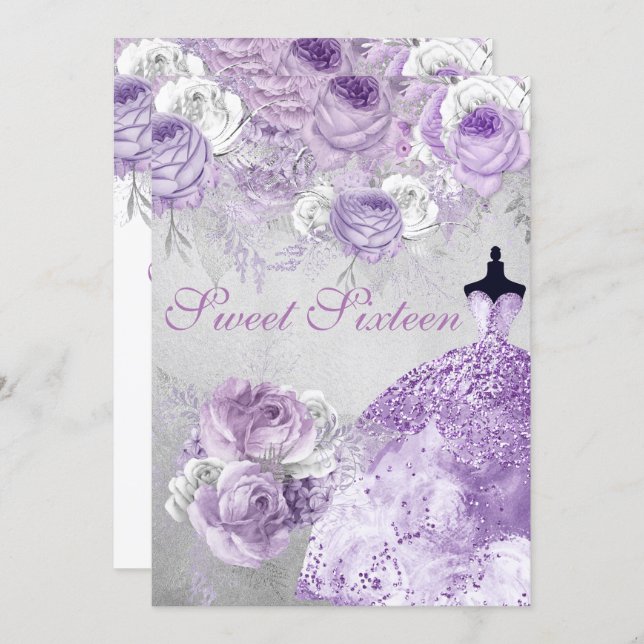 Silver Purple Rose Glitter Gown Sweet 16 Invite (Front/Back)