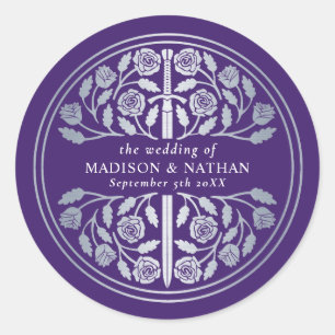 Silver Purple Royal Medieval Sword Wedding Classic Round Sticker