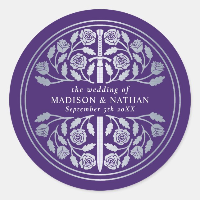 Silver Purple Royal Medieval Sword Wedding  Classic Round Sticker (Front)