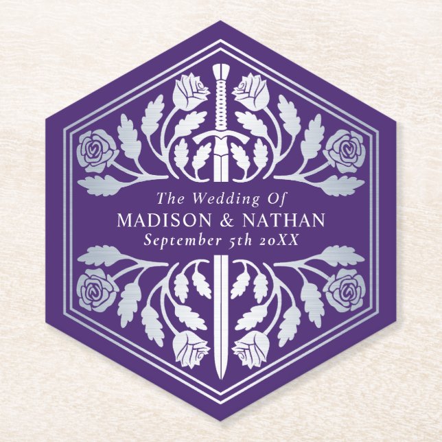 Silver Purple Royal Medieval Sword Wedding Paper Coaster (Front)