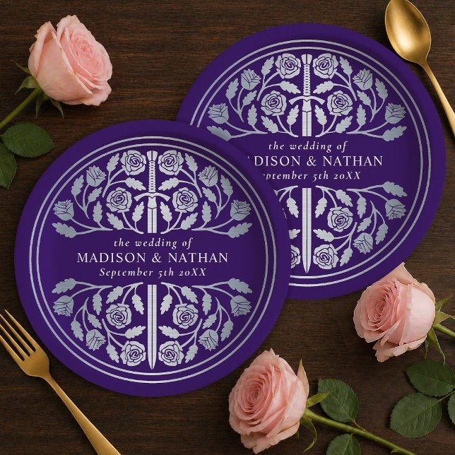 Silver Purple Royal Medieval Sword Wedding  Paper Plates (Creator Uploaded)