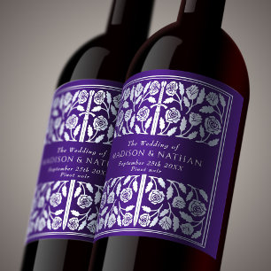 Silver Purple Royal Medieval Sword Wedding Wine Label