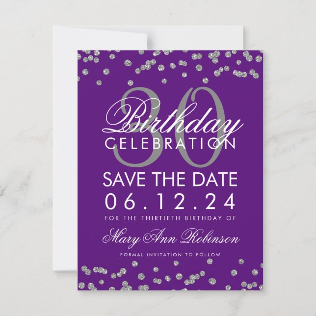 Silver Purple Save the Date Birthday Confetti (Front)