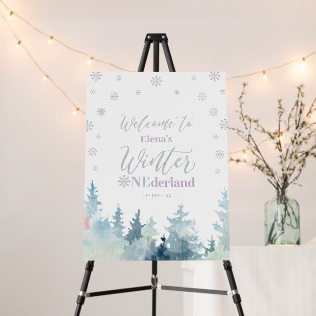 Silver & Purple Snow Winter 1st Birthday Welcome Foam Board (In Situ (Stand))