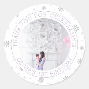 Silver & Purple Snowflake 1st Birthday Party Photo Classic Round Sticker