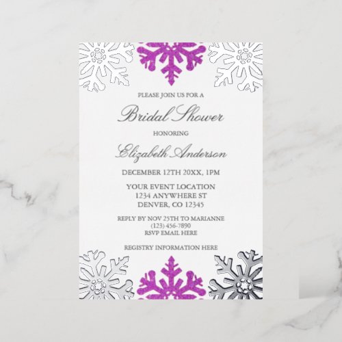 Silver Purple Snowflake Winter Bridal Shower Foil Invitation