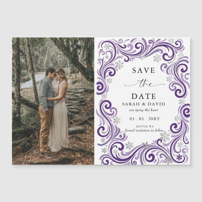 Silver Purple Snowflake Winter Photo Save the Date (Front)